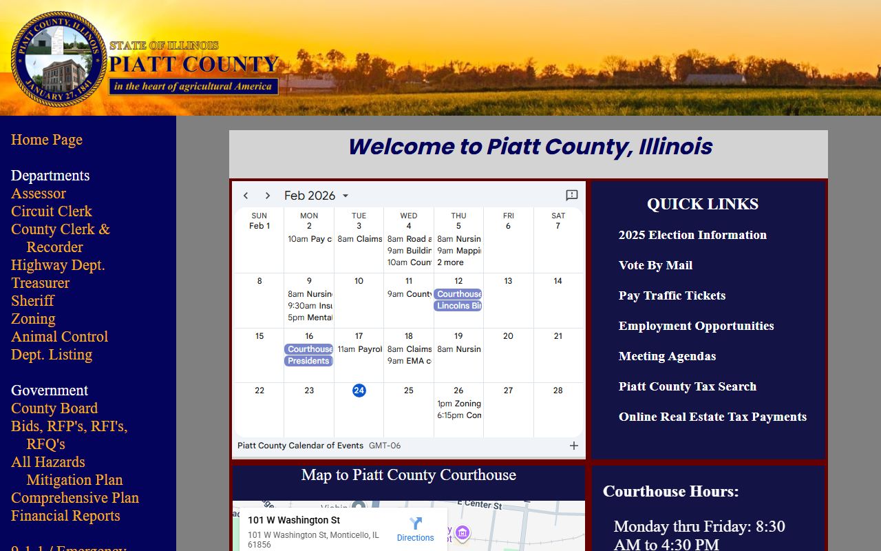 Piatt County Illinois official website showing Circuit Clerk contact information for divorce decree records