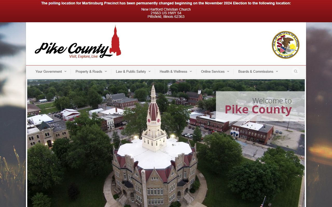 Pike County Illinois official website showing Circuit Clerk contact information for divorce decree records
