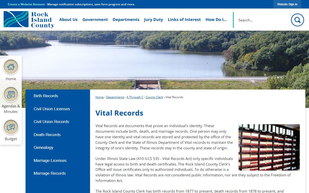 Rock Island County Circuit Clerk office page showing services for divorce decree records and case access