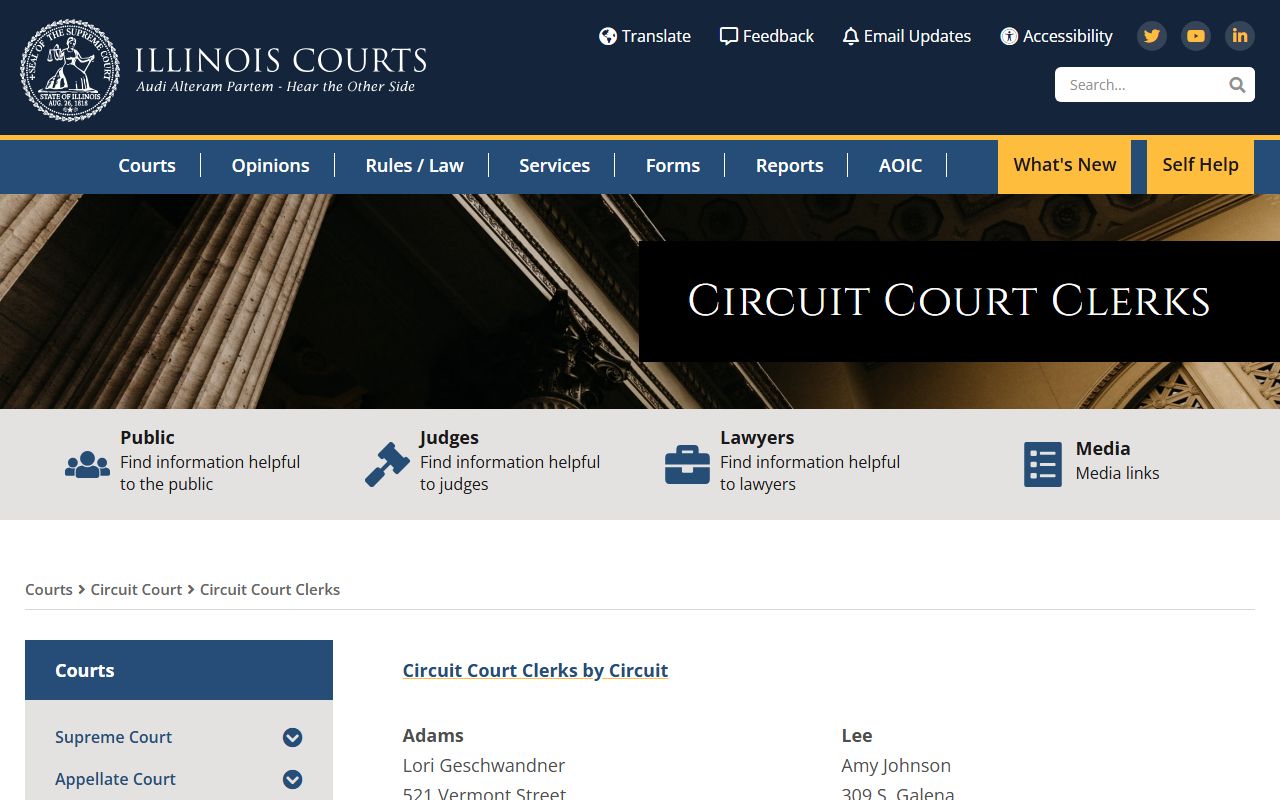 Illinois Courts circuit clerk directory listing all county clerks for divorce decree requests