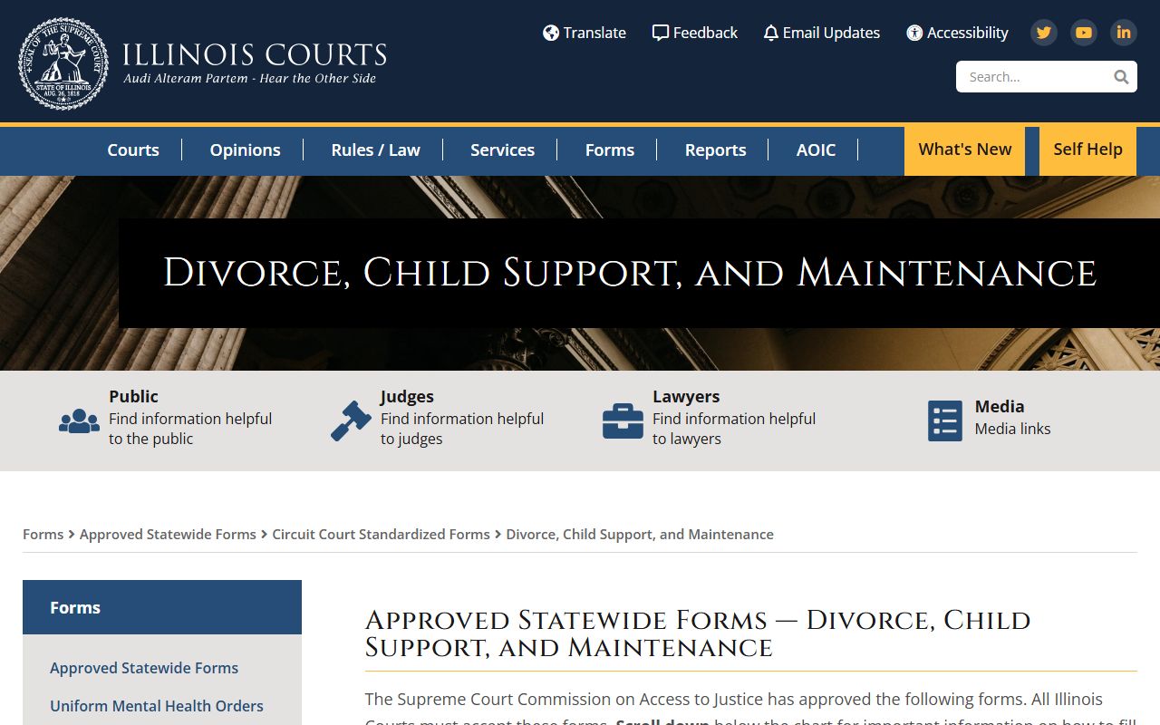 Illinois Courts approved divorce decree and dissolution of marriage standardized forms page