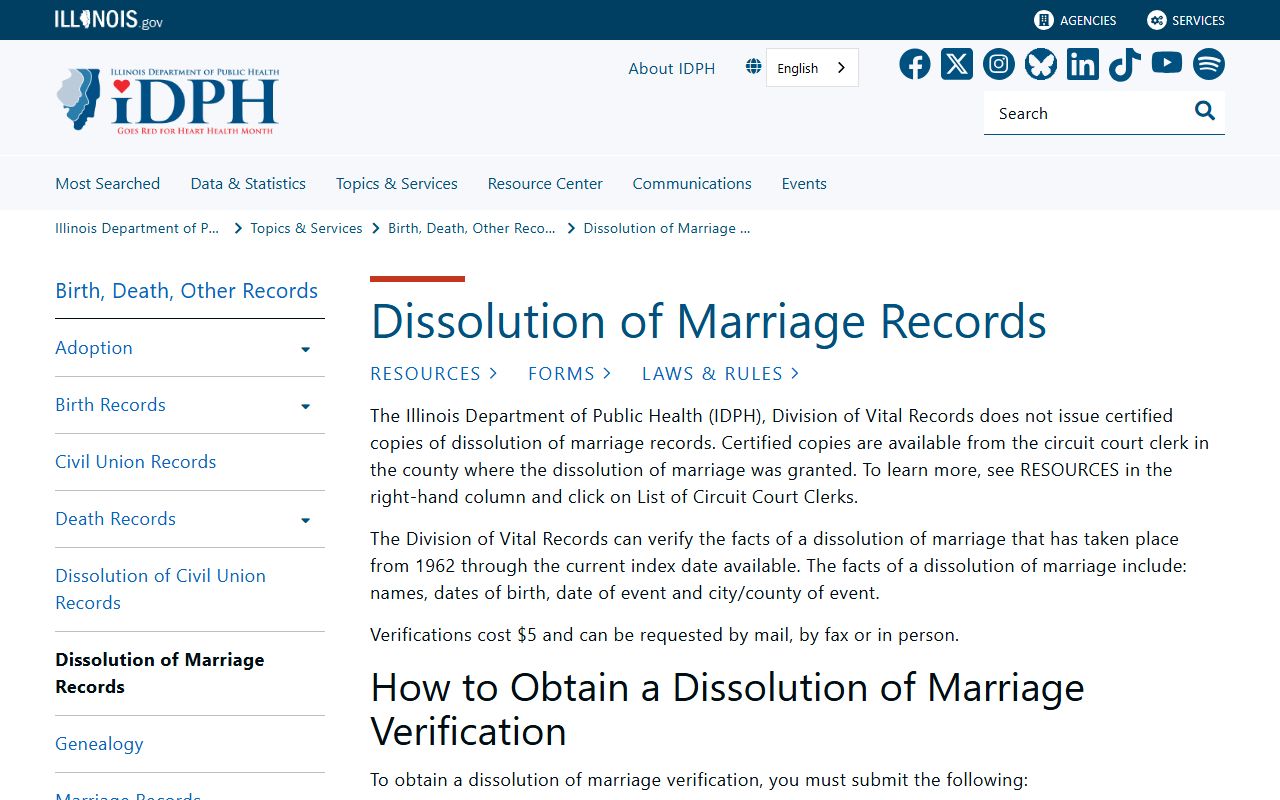 Illinois IDPH dissolution of marriage verification request page
