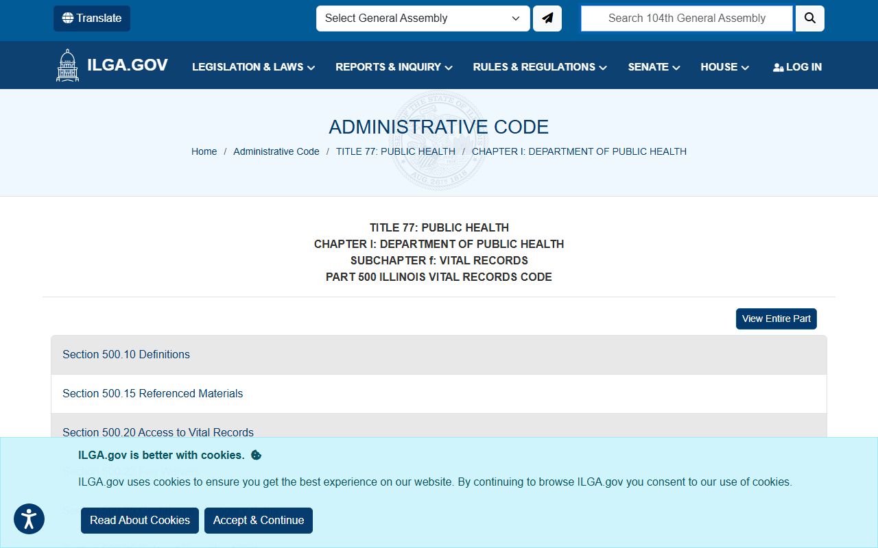 Illinois administrative code Title 77 Public Health vital records rules page